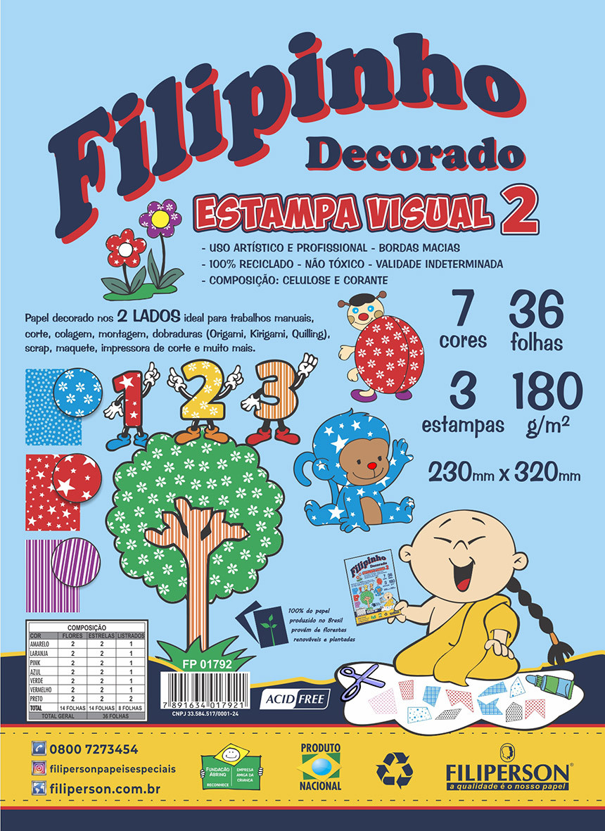 Filipinho Decorado Estampa Visual 2 - 180g/m² - 07 Cores - 36fls. - 03 estampas - 230mm x 320mm - FP04759