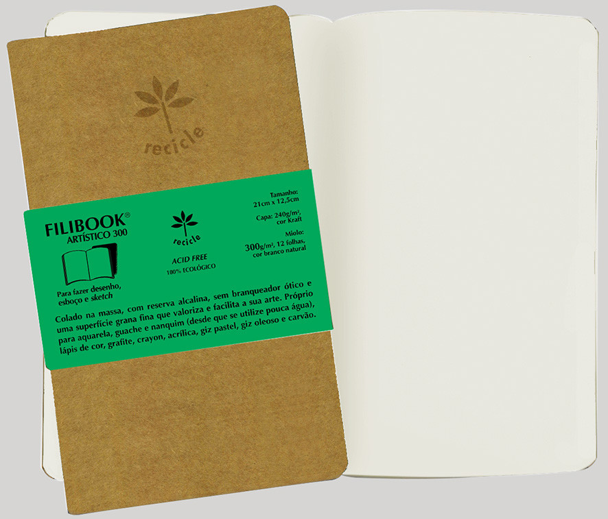 Filibook Artístico 300gm² capa kraft, miolo Branco Natural (M) 21cm X 12,5cm  - FP04795