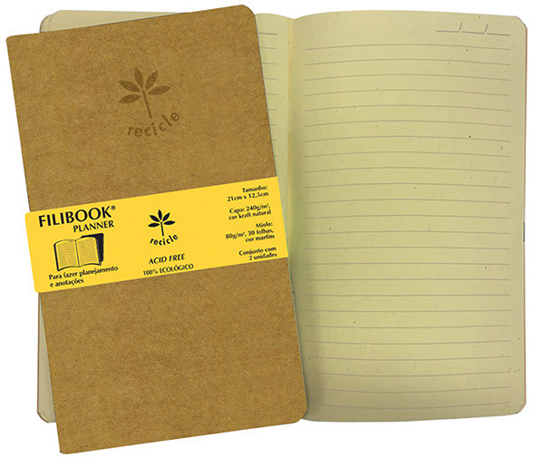 Filibook Note Planner 80gm² capa kraft, miolo Marfim (M) 21cm X 12,5cm - Conjunto c/ 02 unids. - FP00749