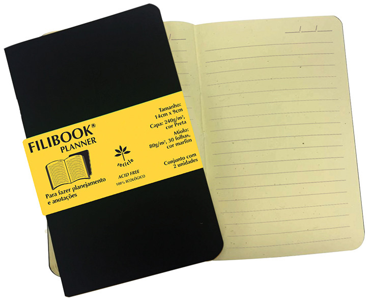 Filibook Note Planner 80gm² capa preto, miolo Marfim (P) 14cm X 9cm - Conjunto c/ 02 unids. - FP04802