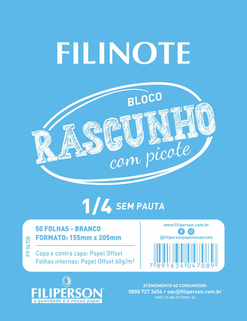 Filinote Rascunho com picote liso e capa azul, miolo branco com 50 folhas 60gm² 1/4 155x205mm, pacote com 10 unidades - FP04708 