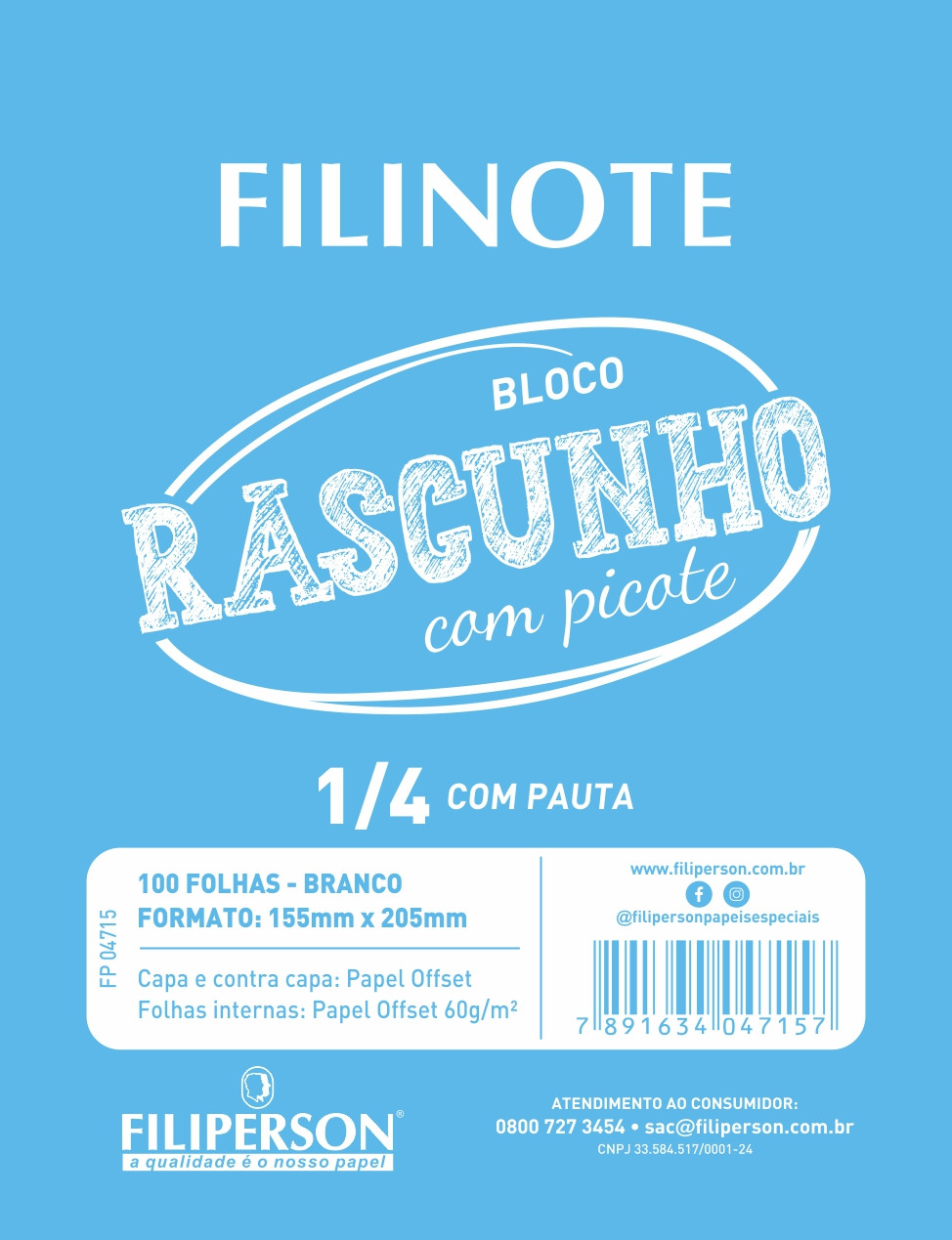 Filinote Rascunho com picote pautado e capa azul, miolo branco com 100 folhas 60gm² 1/4 155x205mm, pacote com 10 unidades - FP04715
