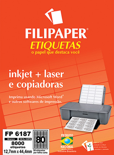 FP 6187 Filipaper Etiqueta 12,7x44,4 mm - 80 etiquetas por folha Carta 100 fls FP04412