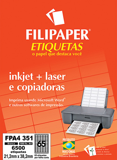 Filipaper Etiqueta 21,2x38,2 mm - FPA4 351 - 65 etiquetas por folha A4 100 fls -FP04439