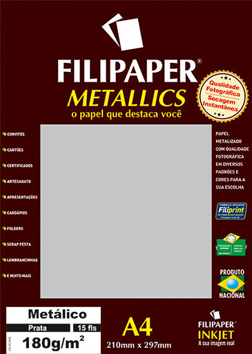 Filipaper METALLICS Prata 180g/m² A4(15fls) - FP01101