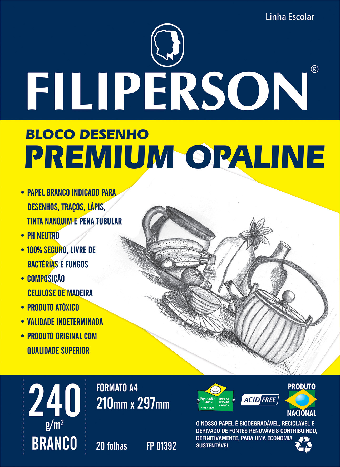 Bloco Escolar Premium Opaline Branco A4 240g/m² 20 Folhas - FP04394