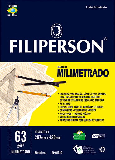 Bloco Filipinho Escolar Milimetrado Branco 63g/m² (A3) 50 folhas - FP00630