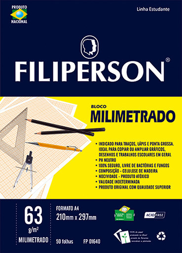 Bloco Filipinho Escolar Milimetrado Branco 63g/m² (A4) 50 folhas - FP00631