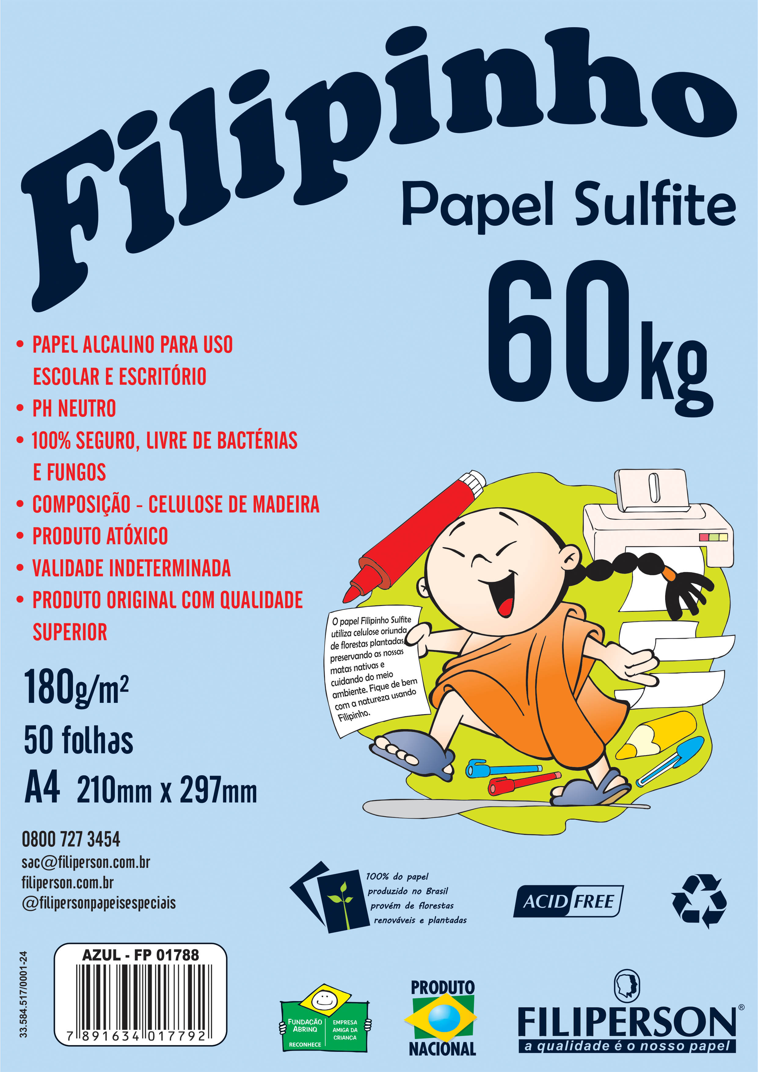 Filipinho Sulfite A4 (50fls - Azul) 60kg 180g/m² - FP04809