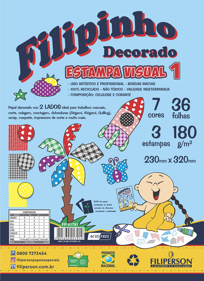 Filipinho Decorado Estampa Visual 1 - 180g/m² - 07 Cores - 36fls. - 03 estampas - 230mm x 320mm - FP004758