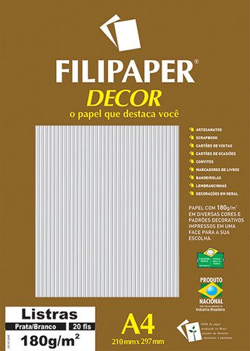 Filipaper DECOR Listras Prata/Branco - 180g/m² A4 (20fls) - FP02710