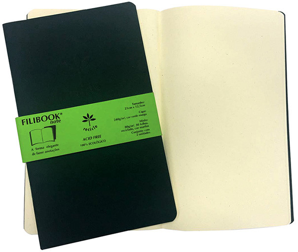 Filibook Note Verde Musgo 80gm² miolo Marfim (M) 21cm X 12,5 cm - Conjunto c/ 02 unids. - FP00713