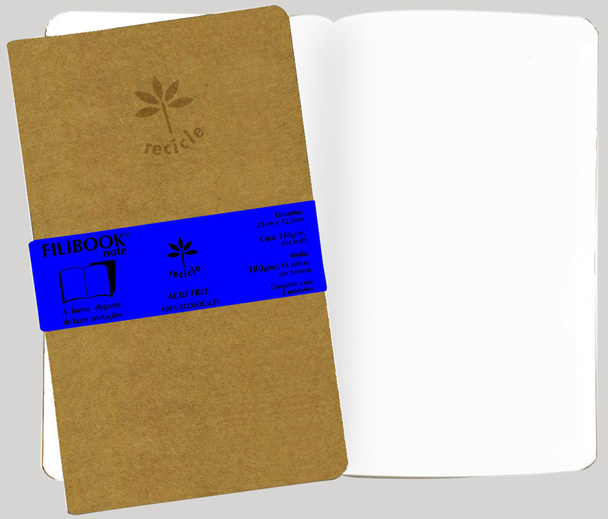 Filibook Note 180gm² capa kraft, miolo Branco (M) 21cm X 12,5 cm - Conjunto c/ 02 unids. - FP04793