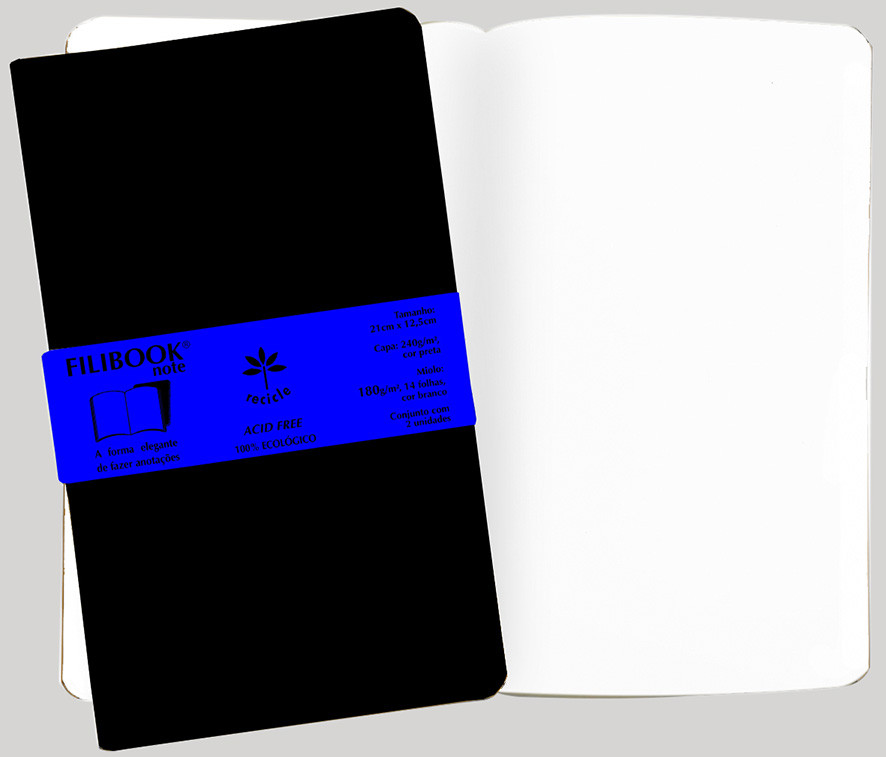 Filibook Note 180gm² capa preta, miolo Branco (M) 21cm X 12,5 cm - Conjunto c/ 02 unids. - FP04794