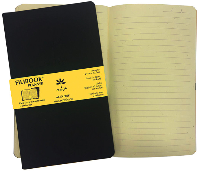 Filibook Note Planner 80gm² capa preto, miolo Marfim (M) 21cm X 12,5cm - Conjunto c/ 02 unids. - FP04803