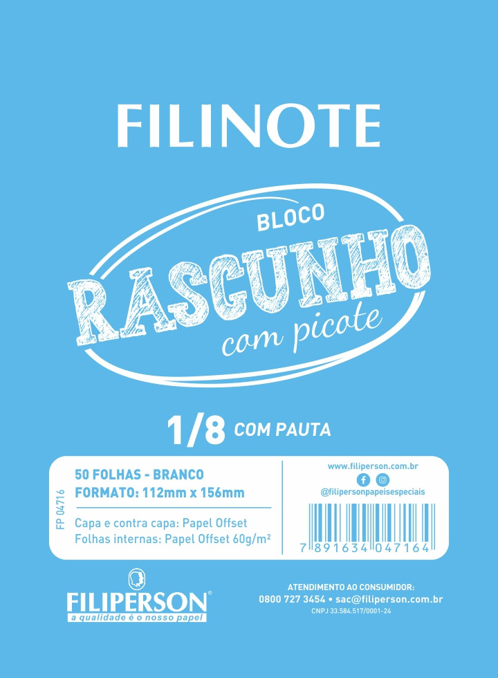 Filinote Rascunho com picote pautado e capa azul, miolo branco com 50 folhas 60gm² 1/8 112x156mm, pacote com 10 unidades - FP04716