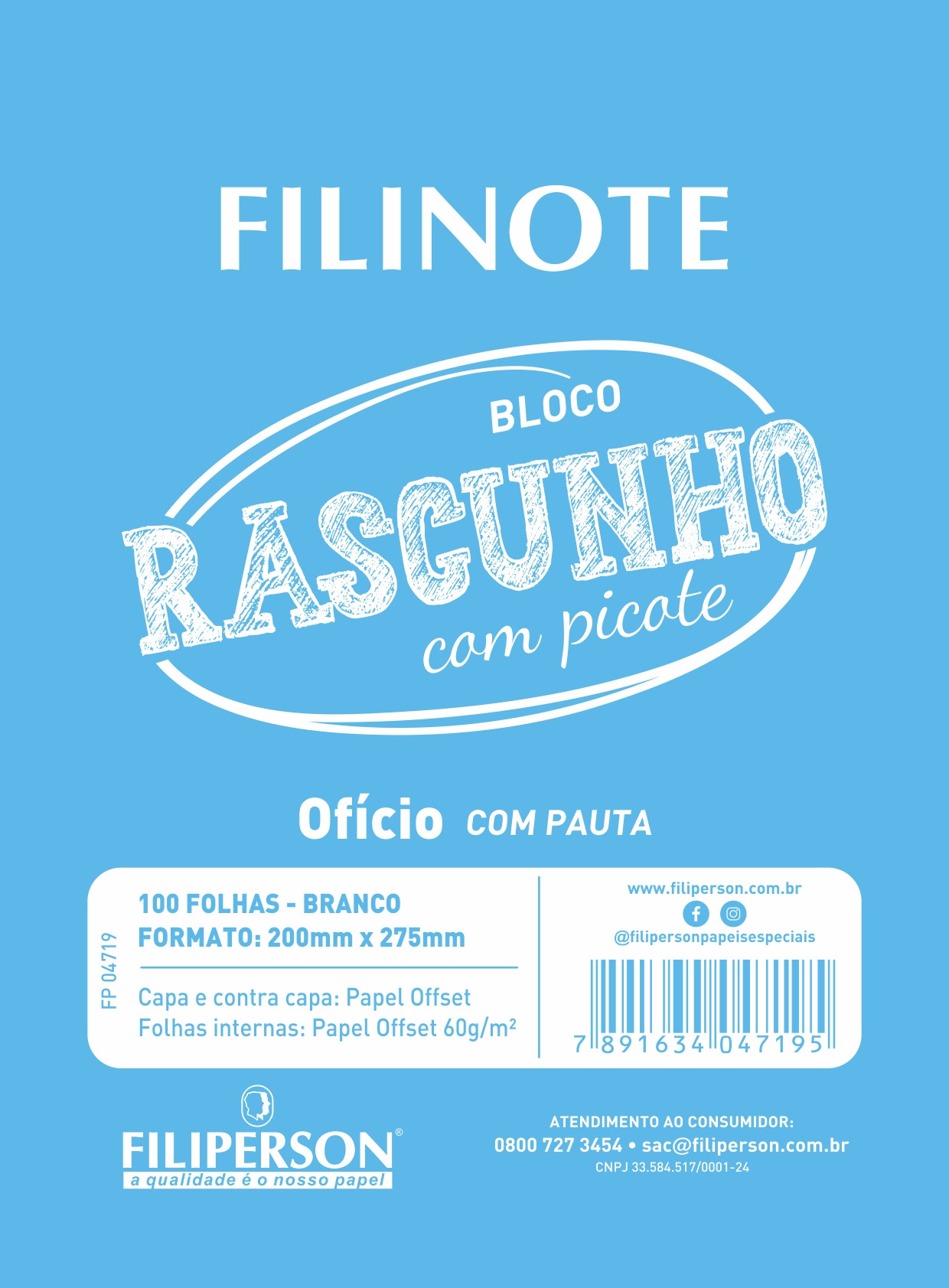 Filinote Rascunho com picote pautado e capa azul, miolo branco com 100 folhas 60gm² 200x275mm, pacote com 10 unidades - FP04719