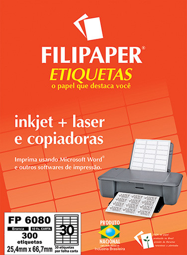 FP 6080 Filipaper Etiqueta 25,4x66,7 mm - 30 etiquetas por folha Carta 10 fls FP04423