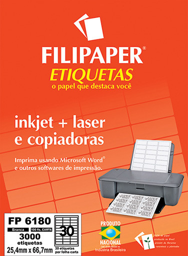 FP 6180 Filipaper Etiqueta 25,4x66,7 mm - 30 etiquetas por folha Carta 100 fls FP04406