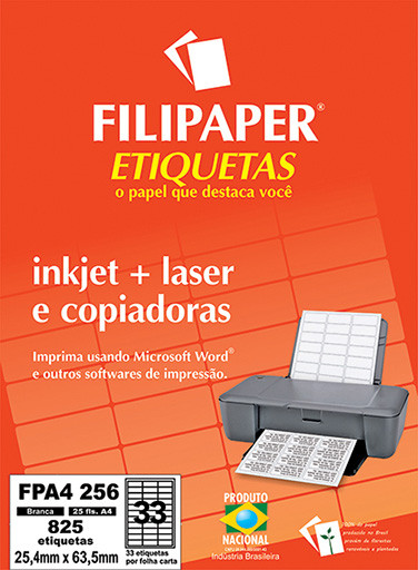 FP A4256 Filipaper Etiqueta 25,4x63,5 mm - 33 etiquetas por folha A4 25 fls - FP04456