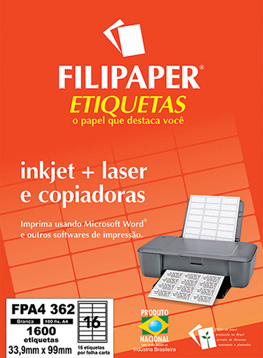 FP A4362 Filipaper Etiqueta 33,9x99 mm - 16 etiquetas por folha A4 100 fls - FP04445