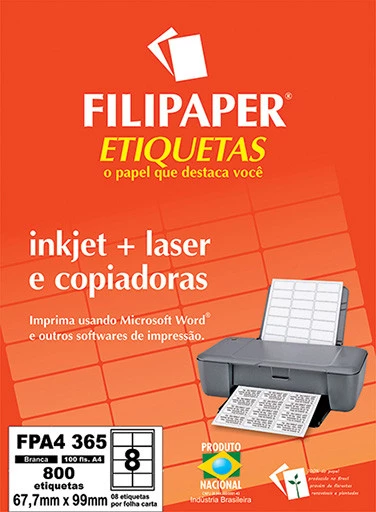 FP A4365 Filipaper Etiqueta 67,7x99 mm - 8 etiquetas por folha A4 100 fls - FP04447