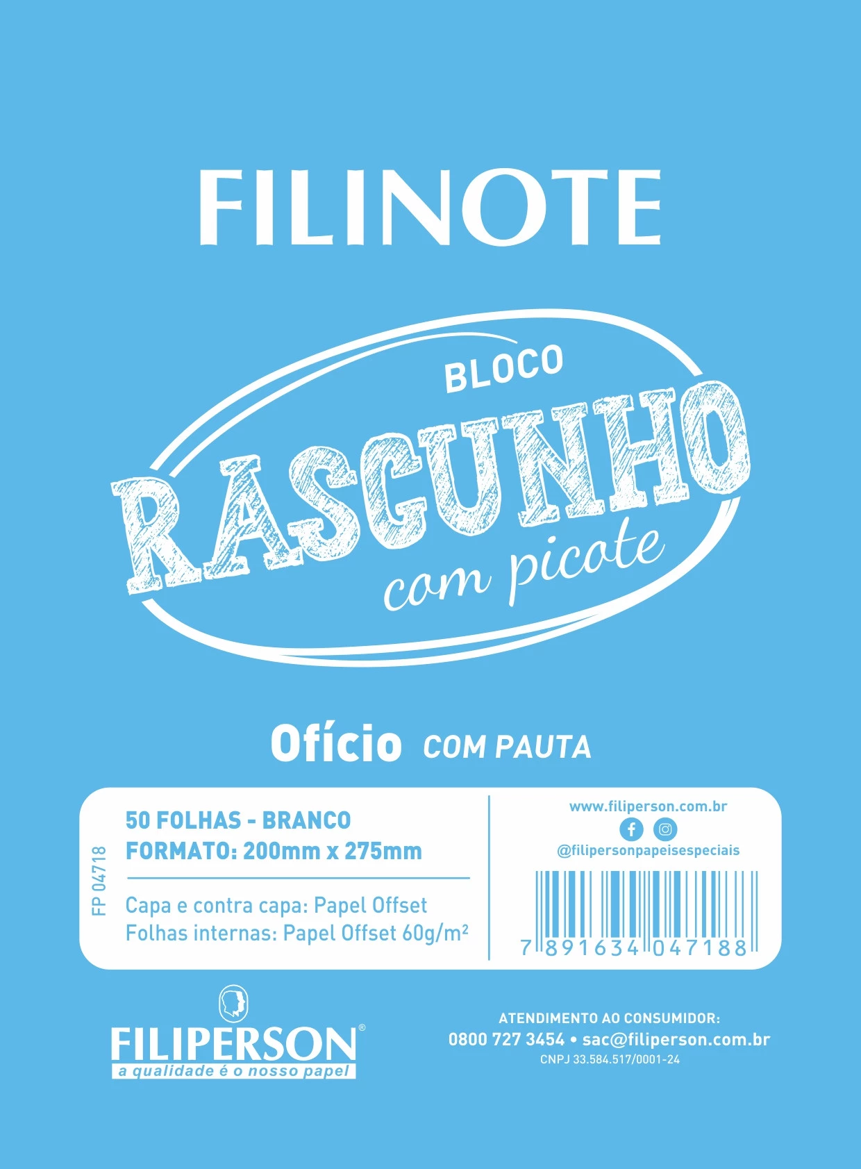 Filinote Rascunho com picote pautado e capa azul, miolo branco com 50 folhas 60gm² 200x275mm, pacote com 10 unidades - FP04718