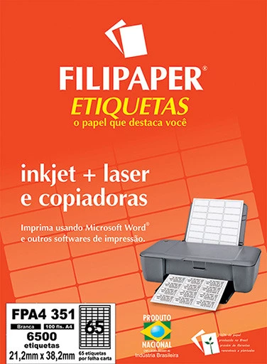 Filipaper Etiqueta 21,2x38,2 mm - FPA4 351 - 65 etiquetas por folha A4 100 fls -FP04439